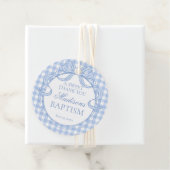 Blaue Gingham-Kokette-Bogen-Taufe-Kreis Geschenkanhänger (Beispiel)