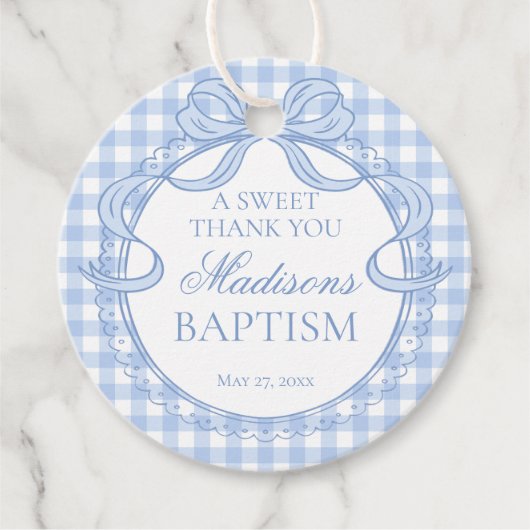 Blaue Gingham-Kokette-Bogen-Taufe-Kreis Geschenkanhänger (Vorderseite)