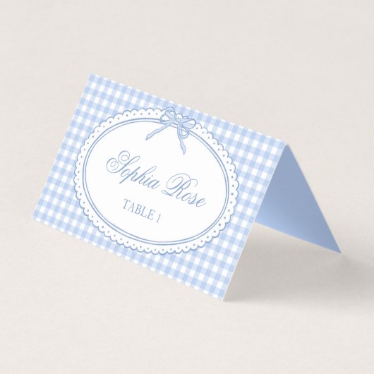 Blaue Gingham-Koketten-Schleifen-Platzkarten-Tisch (Vorderseite)