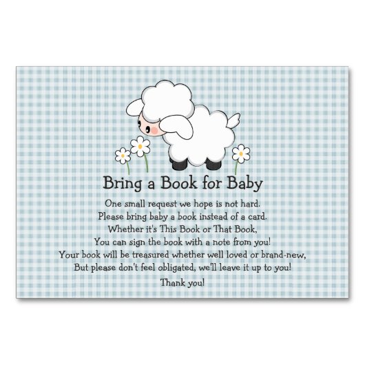 BLAUE GINGHAM LAMB BABY SHOWER BUCHFRAGEKARTE TISCHNUMMER (Vorderseite)