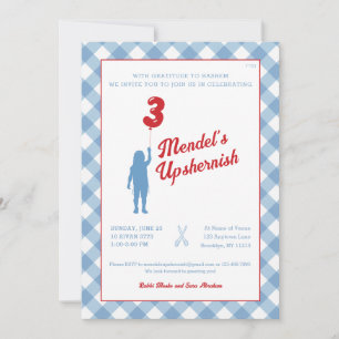 Blaue Gingham mit roter Ballon-Upsherin-Einladung Einladung