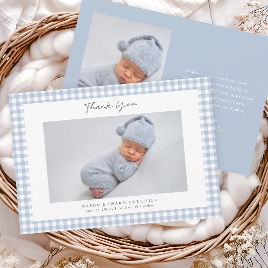 Blaue Gingham Muster Jungen Foto Danke Karte