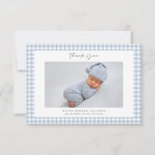 Blaue Gingham Muster Jungen Foto Danke Karte (Vorderseite)