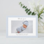 Blaue Gingham Muster Jungen Foto Danke Karte (Stehend Vorderseite)