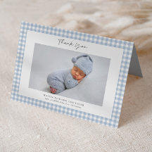 Blaue Gingham-Muster-Jungen-Foto-Dankeskarten