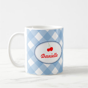 Blaue Gingham Muster Rote Kirsche Persönlich Kaffeetasse