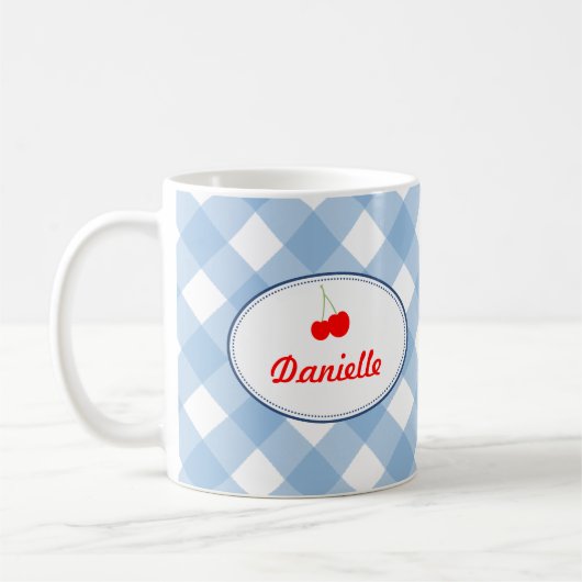 Blaue Gingham Muster Rote Kirsche Persönlich Kaffeetasse (Links)