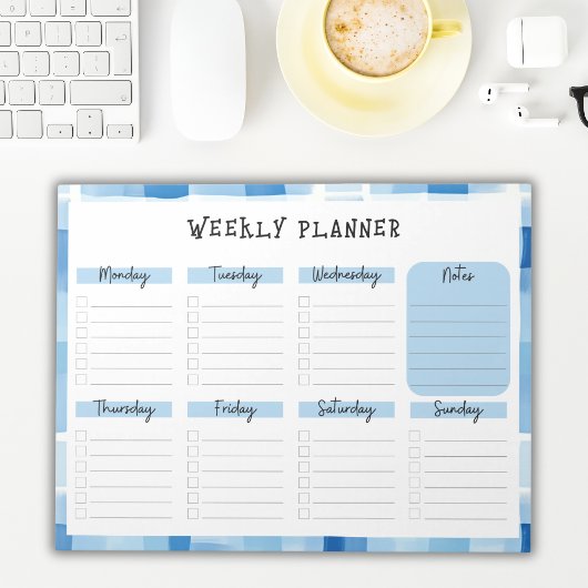 Blaue Gingham-Rand, undatierter Wochenplaner Notizblock