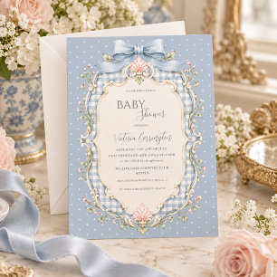 Blaue Gingham-Rosa Blumen Vintage-Baby-Party Einladung
