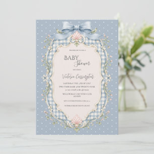 Blaue Gingham-Rosa Blumen Vintage-Baby-Party Einladung