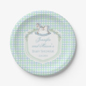 Blaue Gingham-Rosspferd-Babydusche Pappteller (Vorderseite)