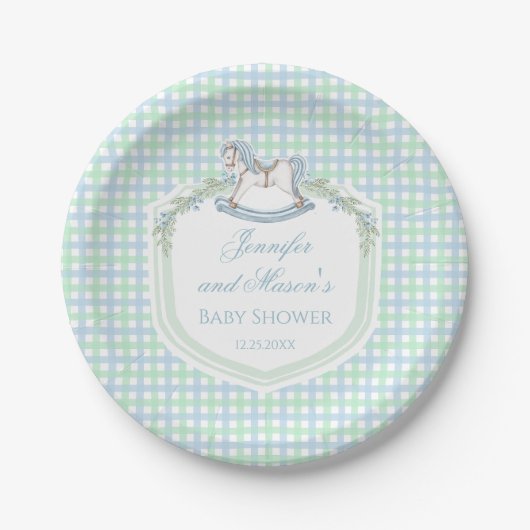 Blaue Gingham-Rosspferd-Babydusche Pappteller (Vorderseite)