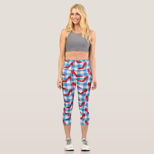 Blaue Gingham-Rupenschuhe Capri Leggings (Vorderseite)