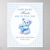 Blaue Gingham-Schleife Herz-Teddybär-Babyparty Poster (Vorne)
