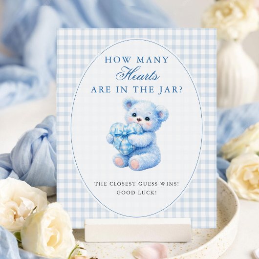 Blaue Gingham-Schleife Herz-Teddybär-Babyparty Poster