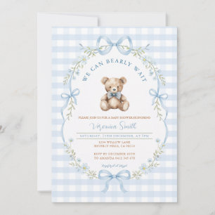 Blaue Gingham-Schleifen-Bär-Baby-Shower-Einladung Einladung