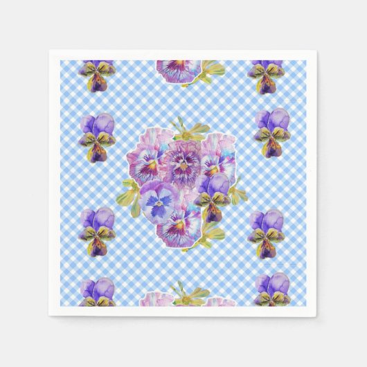 Blaue Gingham Shabby Chic Blumen Servietten (Vorderseite)