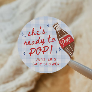 Blaue Gingham Sie ist bereit zu platzen Baby-Party Runder Aufkleber