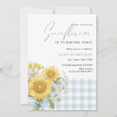 Blaue Gingham-Sonnenblume 1. Geburtstag Einladung (Vorderseite)