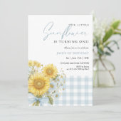 Blaue Gingham-Sonnenblume 1. Geburtstag Einladung (Stehend Vorderseite)