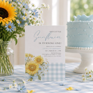Blaue Gingham-Sonnenblume 1. Geburtstag Einladung