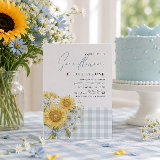 Blaue Gingham-Sonnenblume 1. Geburtstag Einladung