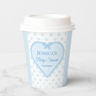 Blaue Gingham-Spitzen-Herz-Junge-Baby-Party Pappbecher