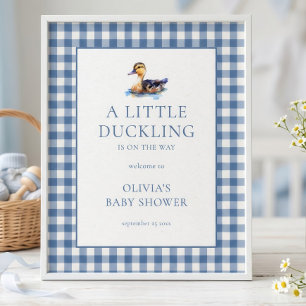 Blaue Gingham-Stockente Willkommen zur Babyparty Poster