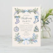 Blaue Gingham-Strumpf-Weihnachten Einladung (Stehend Vorderseite)