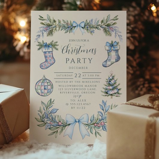 Blaue Gingham-Strumpf-Weihnachten Einladung
