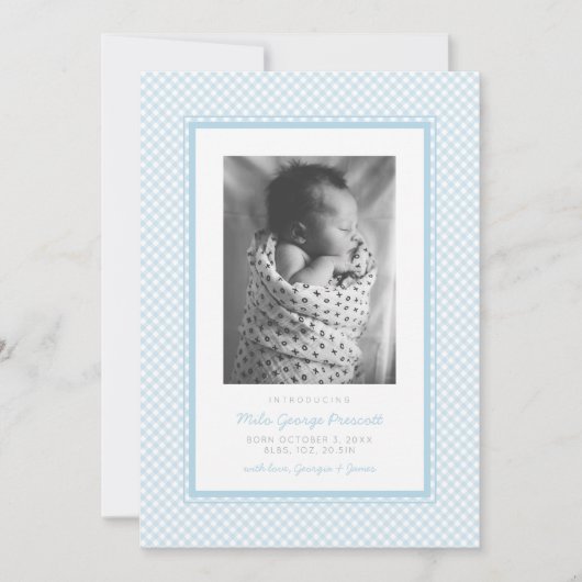 Blaue Gingham süße einfache ein Foto Geburt Ankündigung (Vorderseite)