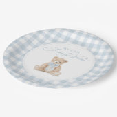 Blaue Gingham-Teddy-Bär-Baby-Party Pappteller (Schrägansicht)