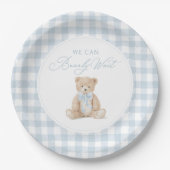 Blaue Gingham-Teddy-Bär-Baby-Party Pappteller (Vorderseite)
