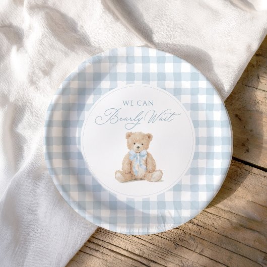 Blaue Gingham-Teddy-Bär-Baby-Party Pappteller