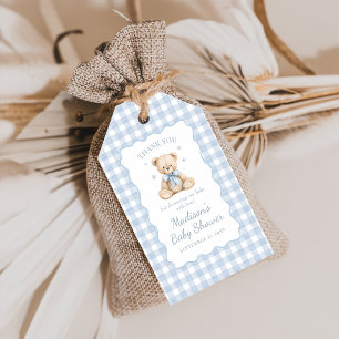 Blaue Gingham-Teddybär-Baby-Party Geschenkanhänger