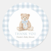 Blaue Gingham-Teddybär-Baby-Party Runder Aufkleber (Vorderseite)