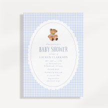Blaue Gingham-Teddybär-Baby-Shower-Einladung