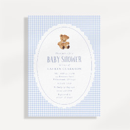 Blaue Gingham-Teddybär-Baby-Shower-Einladung Ankündigung