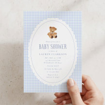 Blaue Gingham-Teddybär-Baby-Shower-Einladung