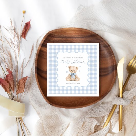 Blaue Gingham-Teddybär-Baby-Shower-Servietten Serviette