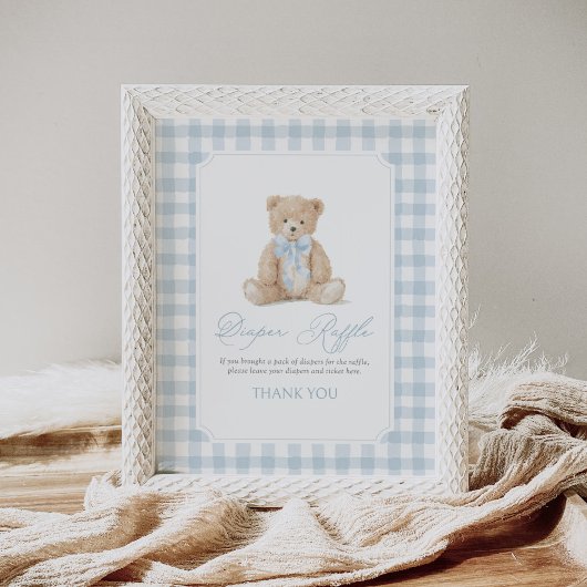 Blaue Gingham-Teddybär-Baby-Shower-Windel-Raffel Poster