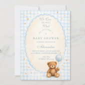 Blaue Gingham-Teddybär-Babyparty Einladung (Vorderseite)
