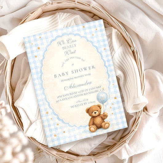 Blaue Gingham-Teddybär-Babyparty Einladung