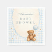 Blaue Gingham-Teddybär-Babyparty Serviette (Vorderseite)