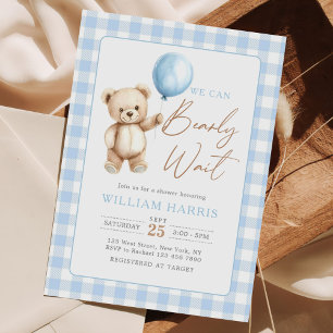 Blaue Gingham-Teddybär-Ballon-Jungen-Baby-Party Einladung