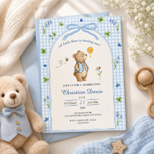 Blaue Gingham-Teddybär-Erster Geburtstag Einladung