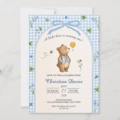 Blaue Gingham-Teddybär-Erster Geburtstag Einladung (Vorderseite)