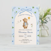 Blaue Gingham-Teddybär-Erster Geburtstag Einladung (Stehend Vorderseite)