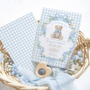 Blaue Gingham-Teddybär-Junge-Baby-Party Einladung