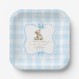 Blaue Gingham-Teddybär-Junge-Baby-Party Pappteller